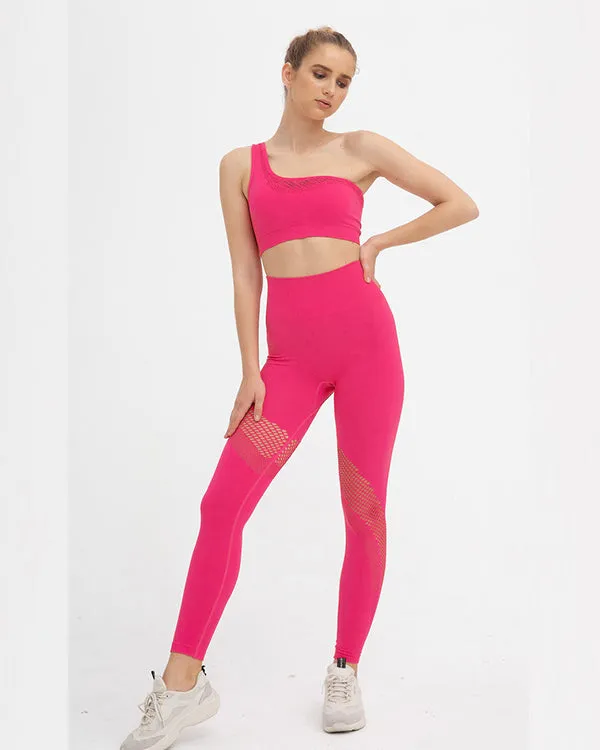 Seamless Mesh One Shoulder Crop Tops And High Waisted Leggings Gym Sets