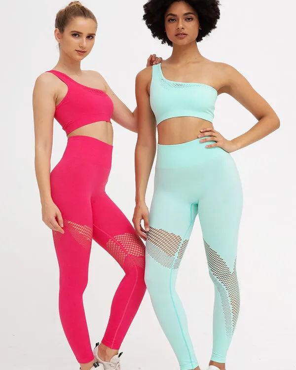 Seamless Mesh One Shoulder Crop Tops And High Waisted Leggings Gym Sets