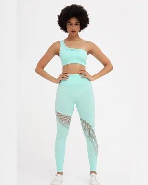 Seamless Mesh One Shoulder Crop Tops And High Waisted Leggings Gym Sets