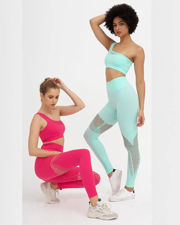 Seamless Mesh One Shoulder Crop Tops And High Waisted Leggings Gym Sets