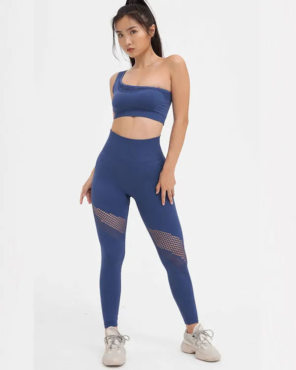 Seamless Mesh One Shoulder Crop Tops And High Waisted Leggings Gym Sets