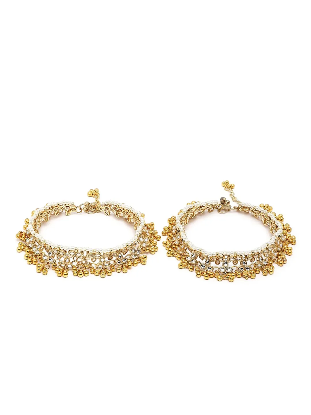 Set Of 2 Gold-Plated White Kundan-Studded Anklets
