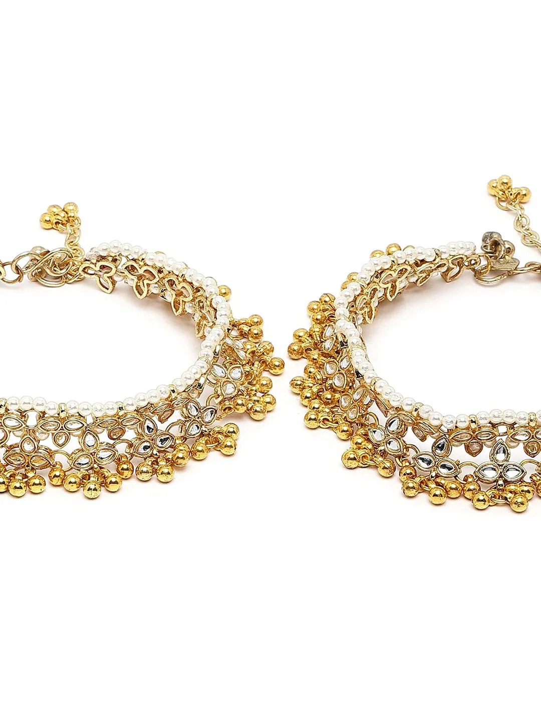 Set Of 2 Gold-Plated White Kundan-Studded Anklets