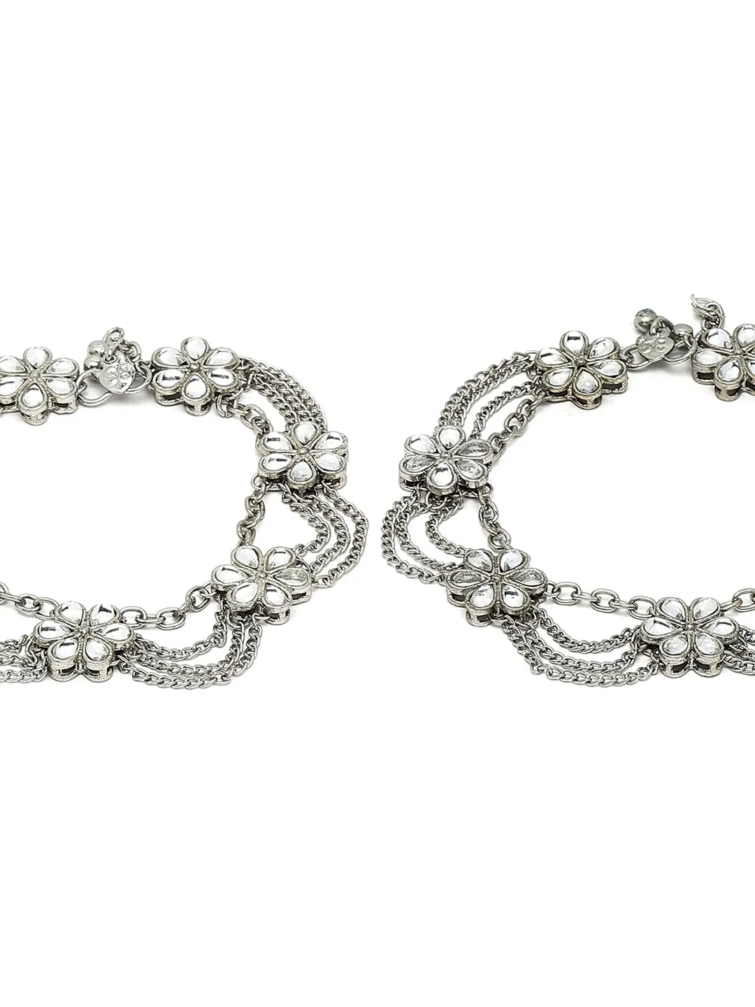 Set Of 2 Oxidised Silver-Plated White Kundan-Studded Anklets