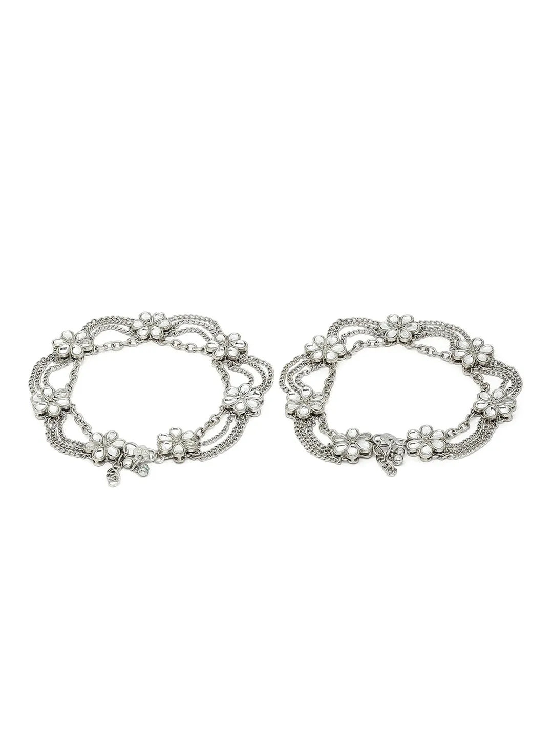 Set Of 2 Oxidised Silver-Plated White Kundan-Studded Anklets
