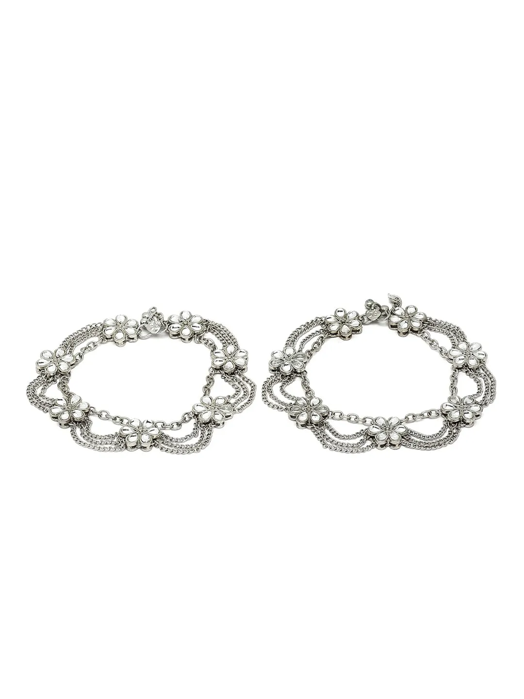 Set Of 2 Oxidised Silver-Plated White Kundan-Studded Anklets