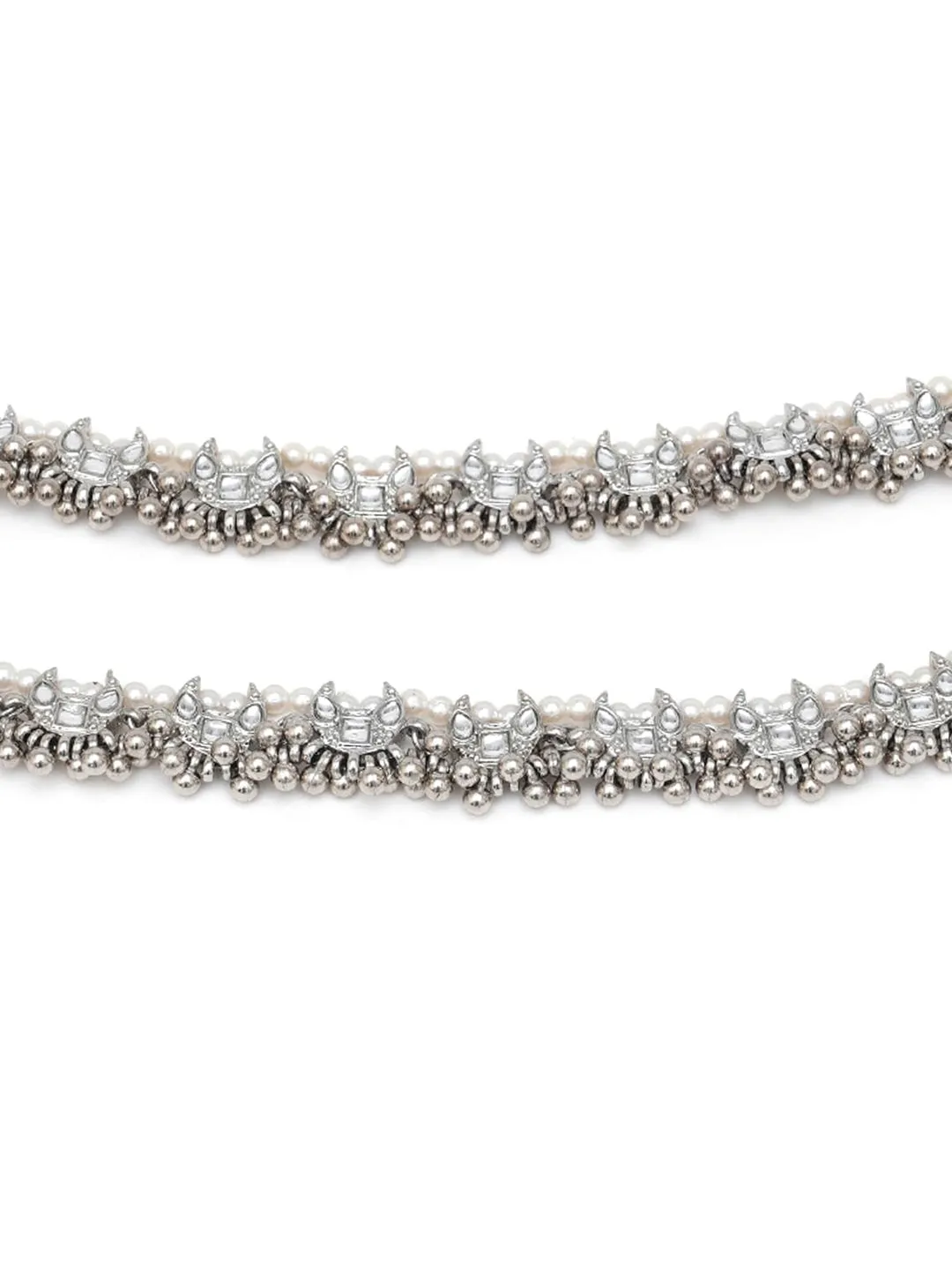 Set Of 2 Silver-Plated & White Oxidised Kundan-Studded Anklets