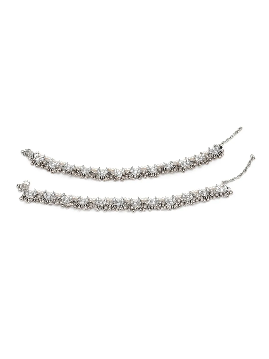 Set Of 2 Silver-Plated & White Oxidised Kundan-Studded Anklets