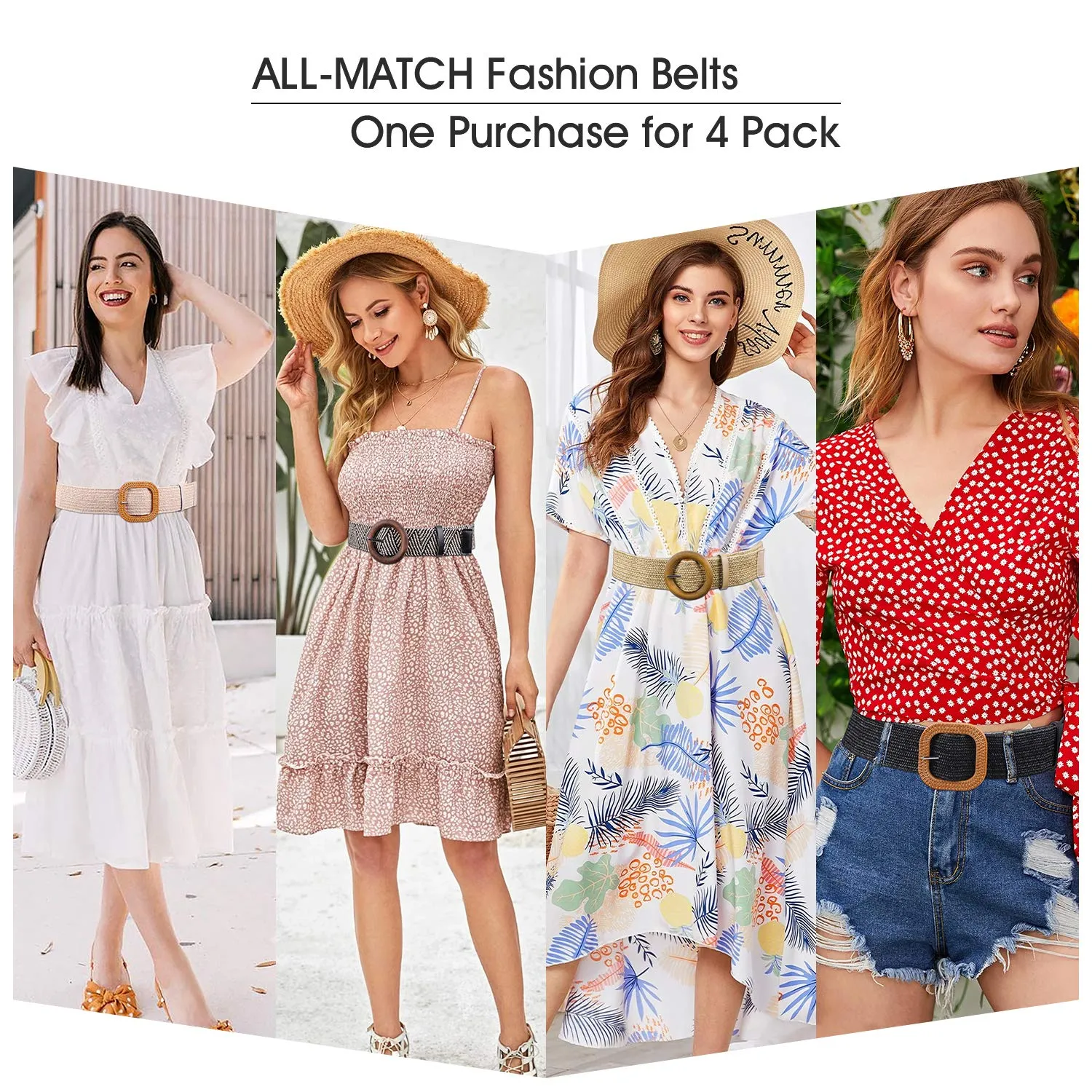 Set of 4 Straw Woven Elastic Stretch Waist Belts for Women, Fashion Boho Ladies Braided Skinny Dress Belt