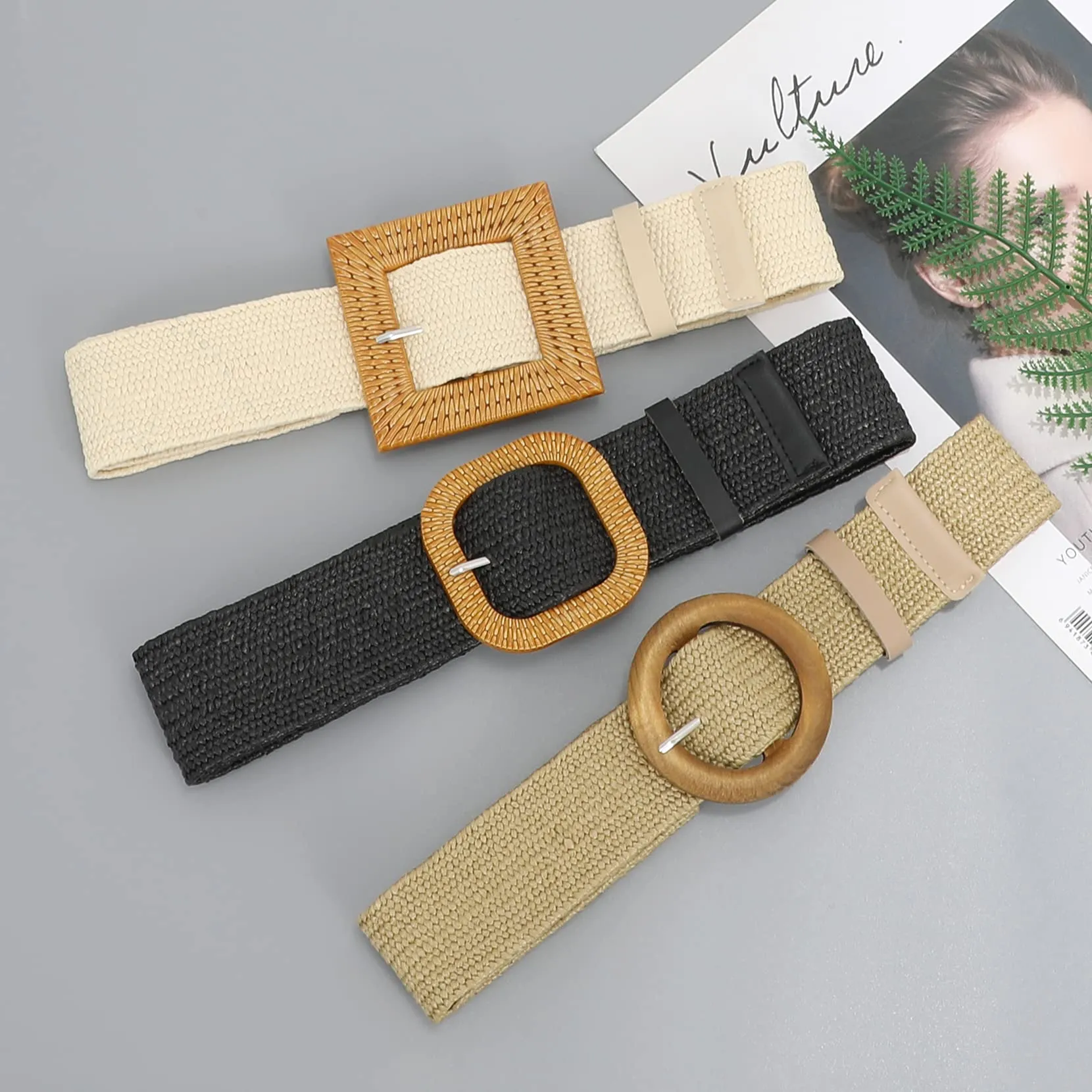 Set of 4 Straw Woven Elastic Stretch Waist Belts for Women, Fashion Boho Ladies Braided Skinny Dress Belt