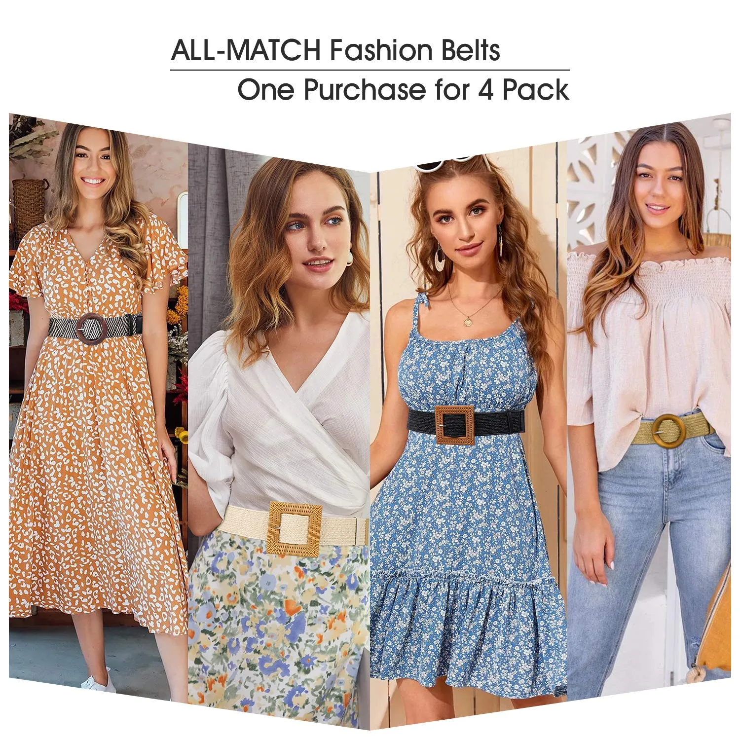 Set of 4 Straw Woven Elastic Stretch Waist Belts for Women, Fashion Boho Ladies Braided Skinny Dress Belt