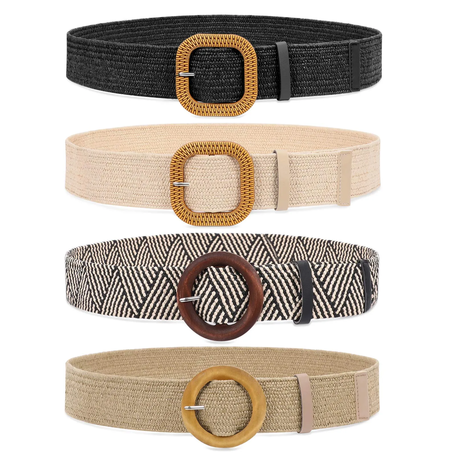 Set of 4 Straw Woven Elastic Stretch Waist Belts for Women, Fashion Boho Ladies Braided Skinny Dress Belt