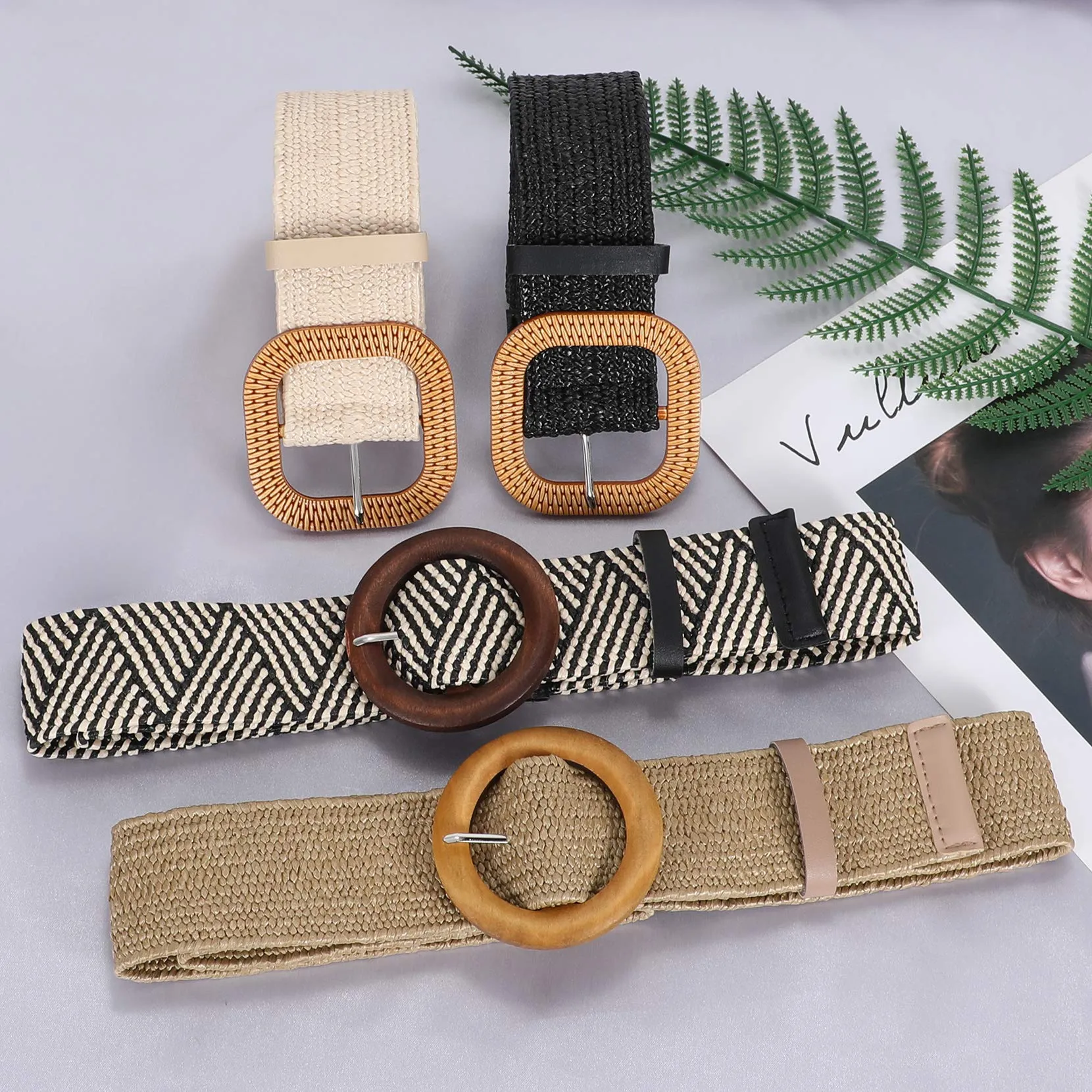 Set of 4 Straw Woven Elastic Stretch Waist Belts for Women, Fashion Boho Ladies Braided Skinny Dress Belt