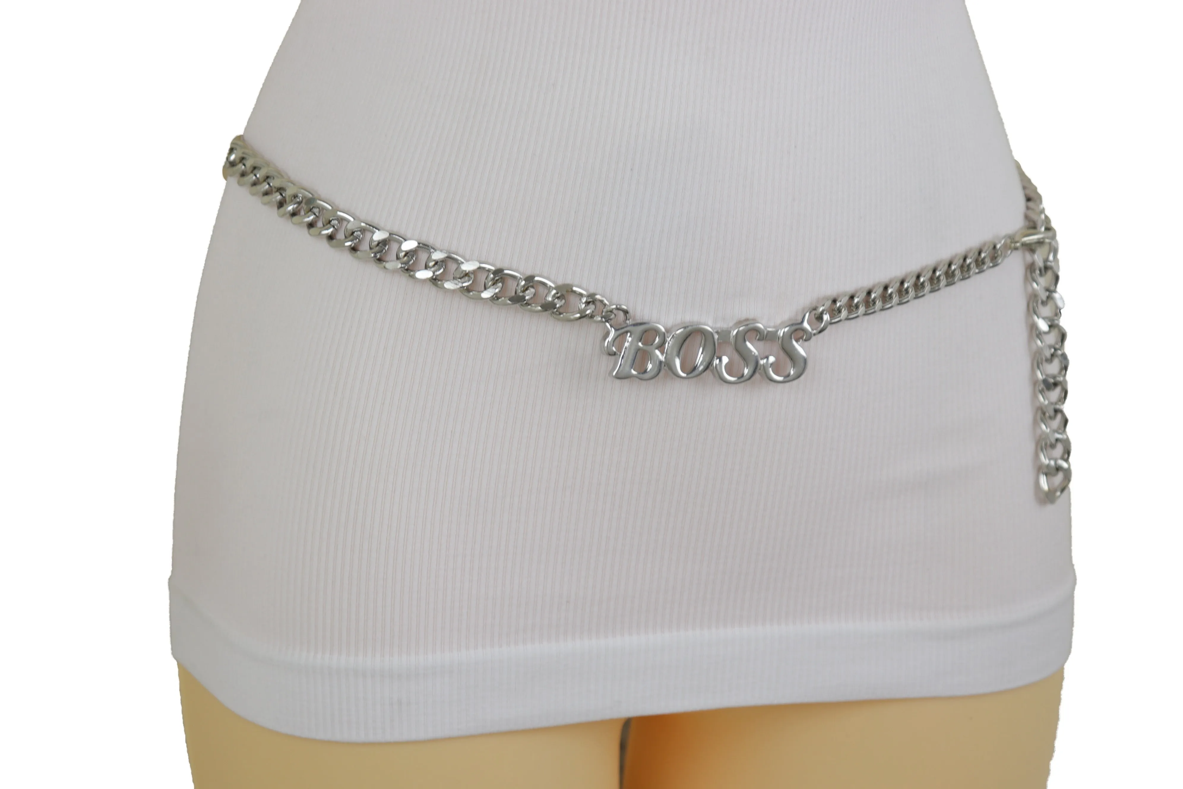 Silver Metal Chain Links Urban Fashion Hip Waist Belt BOSS Charm