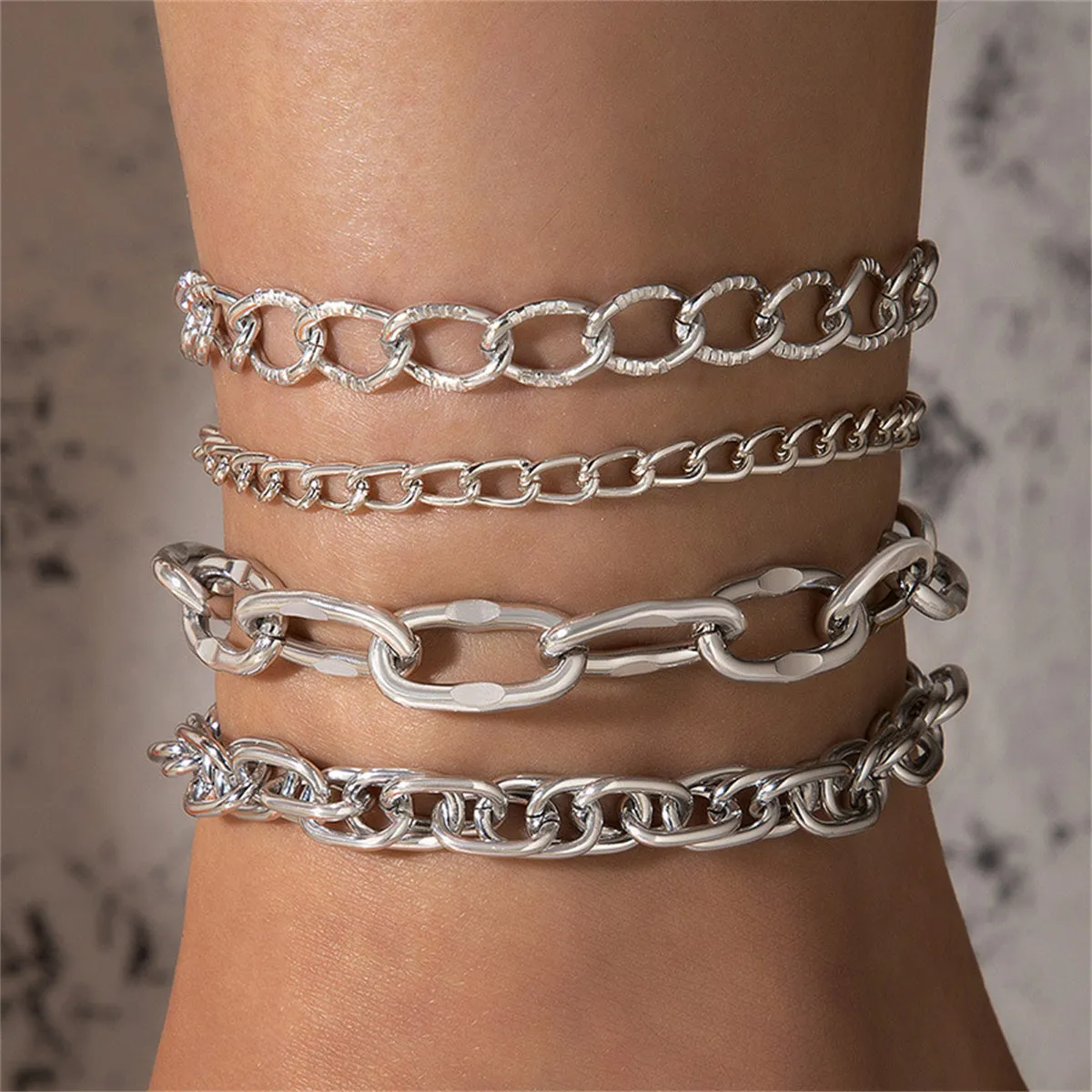 Silver-Plated Cable Chain Anklet Set