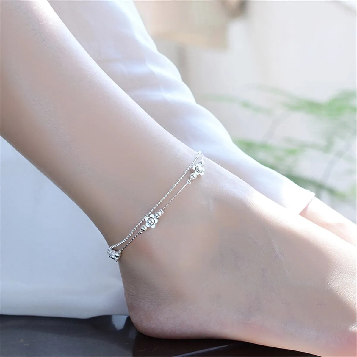 Silver-Plated Flower Station Layered Anklet
