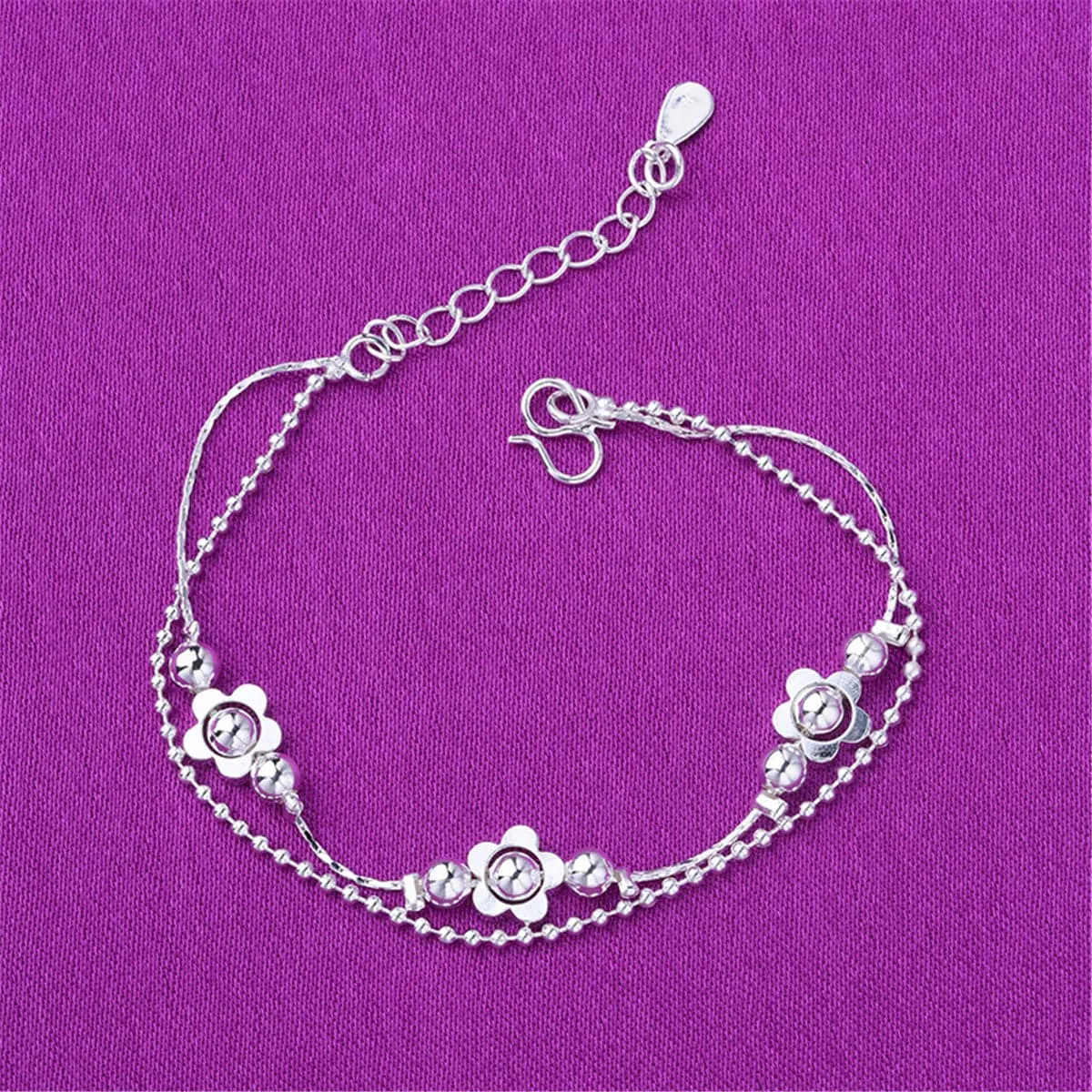 Silver-Plated Flower Station Layered Anklet