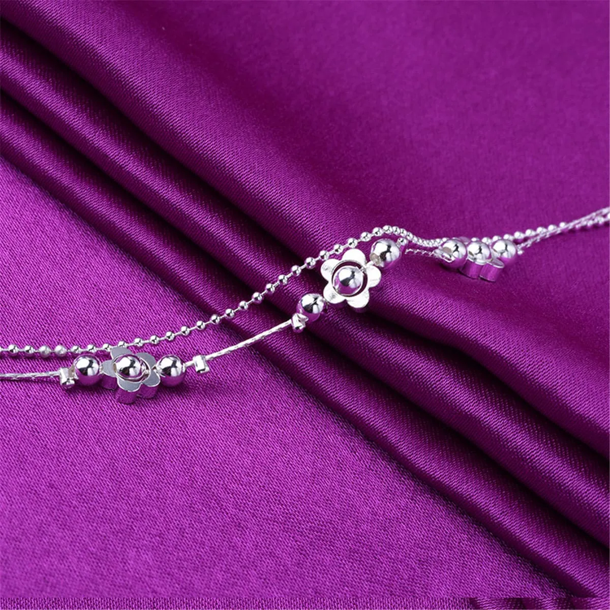 Silver-Plated Flower Station Layered Anklet