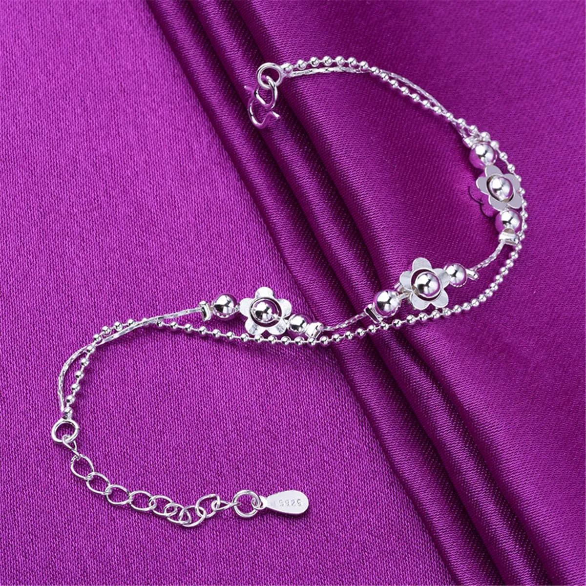 Silver-Plated Flower Station Layered Anklet
