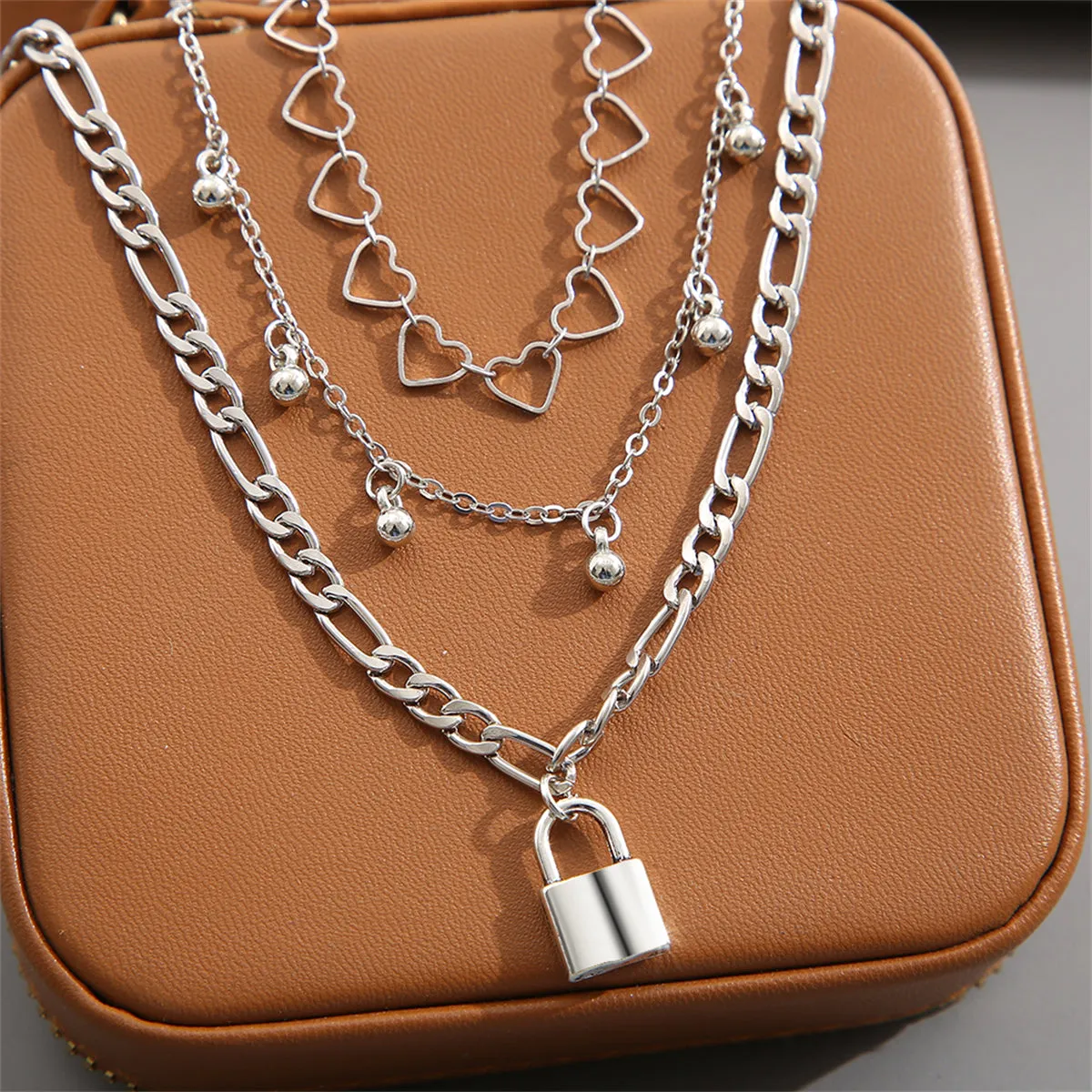 Silver-Plated Heart Chain Lock Charm Anklet Set
