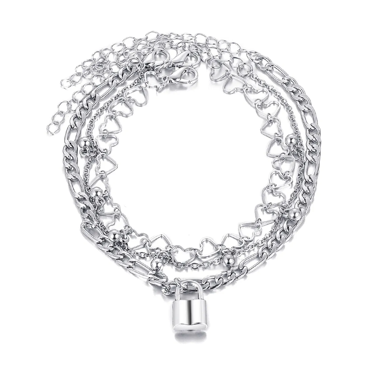 Silver-Plated Heart Chain Lock Charm Anklet Set