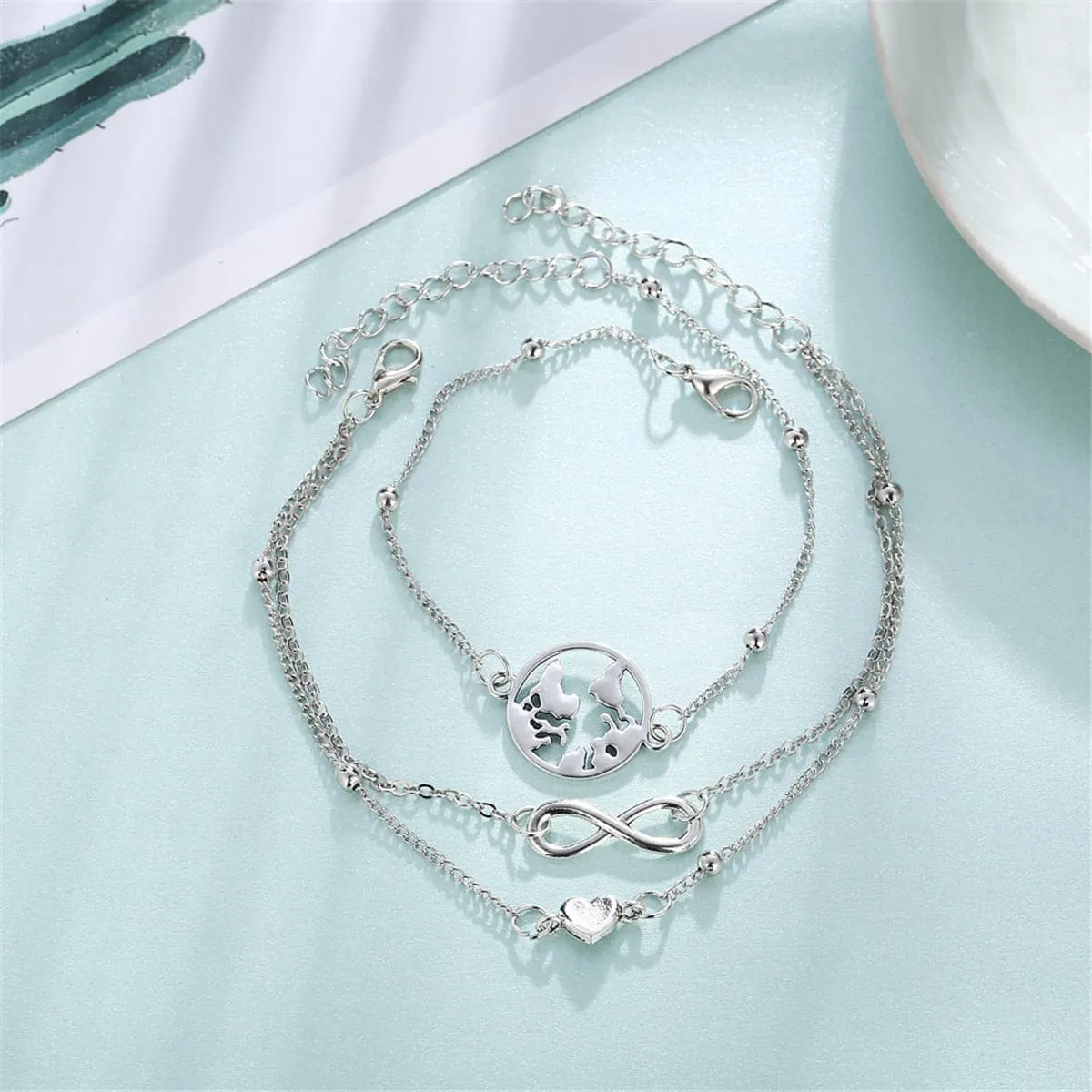 Silver-Plated Heart Infinity Anklet Set