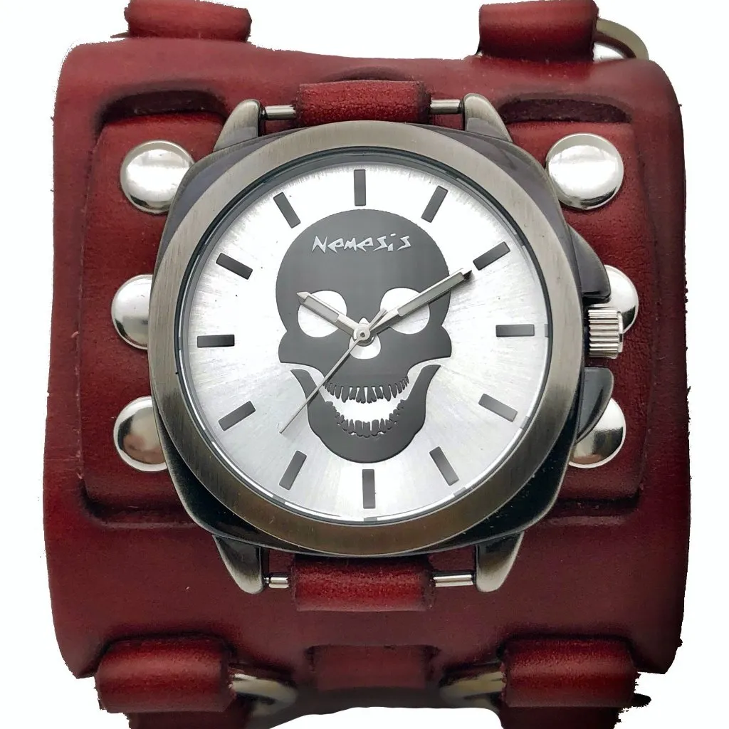 Skull Silver Watch with Studded Ring Distressed Red Leather Triple Strap Cuff