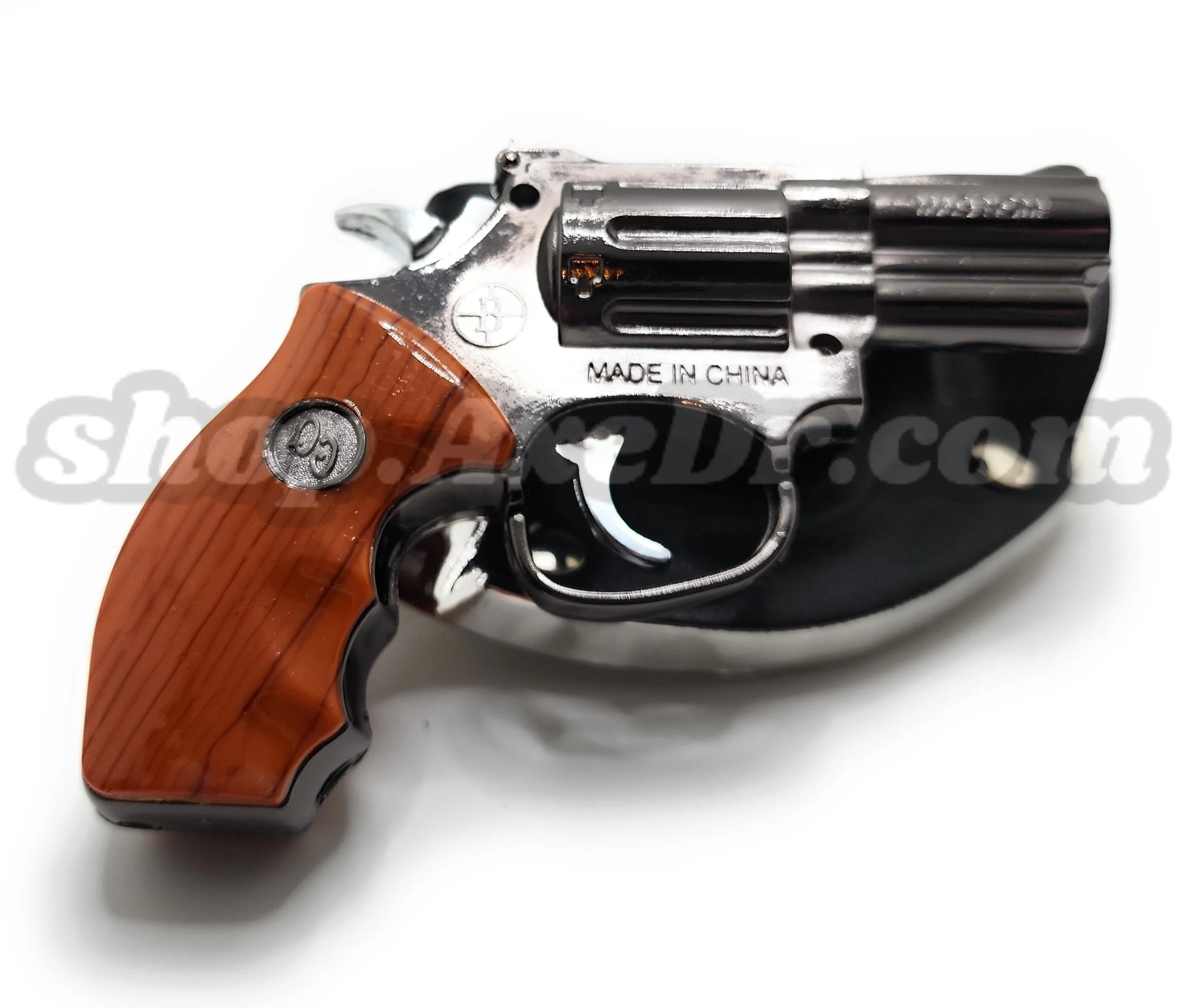 Snub Nose Revolver Pistol Jet Lighter and Flashlight Belt Buckle