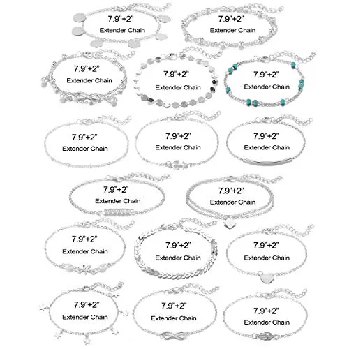 Softones 16Pcs Ankle Bracelets for Women Girls Gold Silver Two Style Chain Beach Anklet Bracelet Jewelry Anklet Set,Adjustable Size