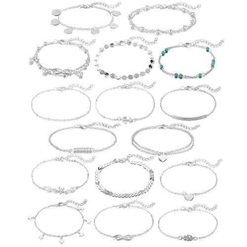 Softones 16Pcs Ankle Bracelets for Women Girls Gold Silver Two Style Chain Beach Anklet Bracelet Jewelry Anklet Set,Adjustable Size