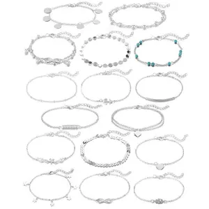 Softones 16Pcs Ankle Bracelets for Women Girls Gold Silver Two Style Chain Beach Anklet Bracelet Jewelry Anklet Set,Adjustable Size