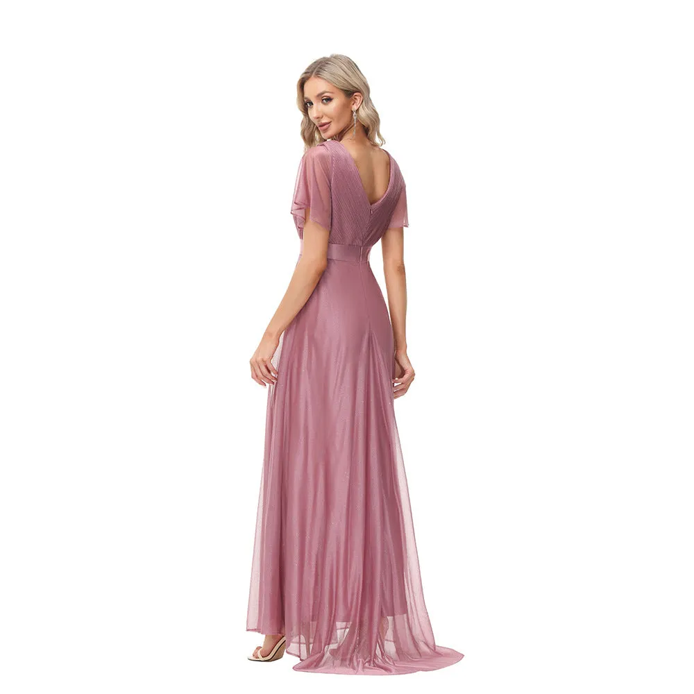 Sparkling Party Dress V-Neck Mesh Ruffle Sleeve Stretch Evening Dress