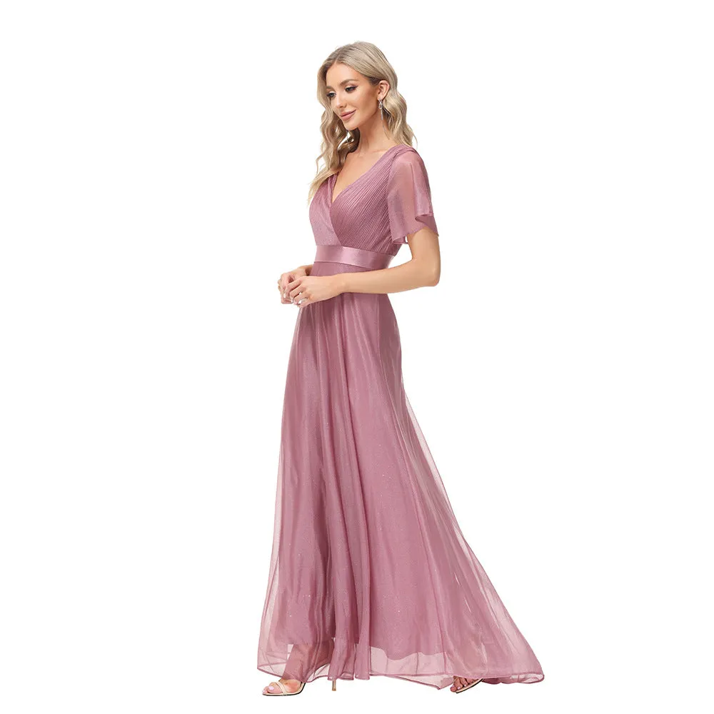 Sparkling Party Dress V-Neck Mesh Ruffle Sleeve Stretch Evening Dress