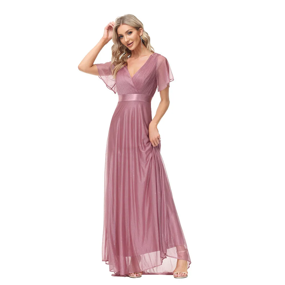 Sparkling Party Dress V-Neck Mesh Ruffle Sleeve Stretch Evening Dress