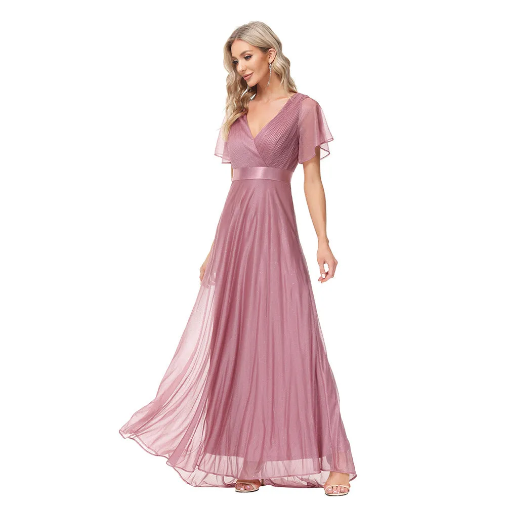 Sparkling Party Dress V-Neck Mesh Ruffle Sleeve Stretch Evening Dress