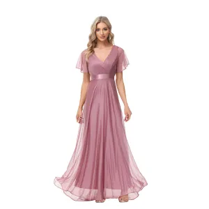 Sparkling Party Dress V-Neck Mesh Ruffle Sleeve Stretch Evening Dress