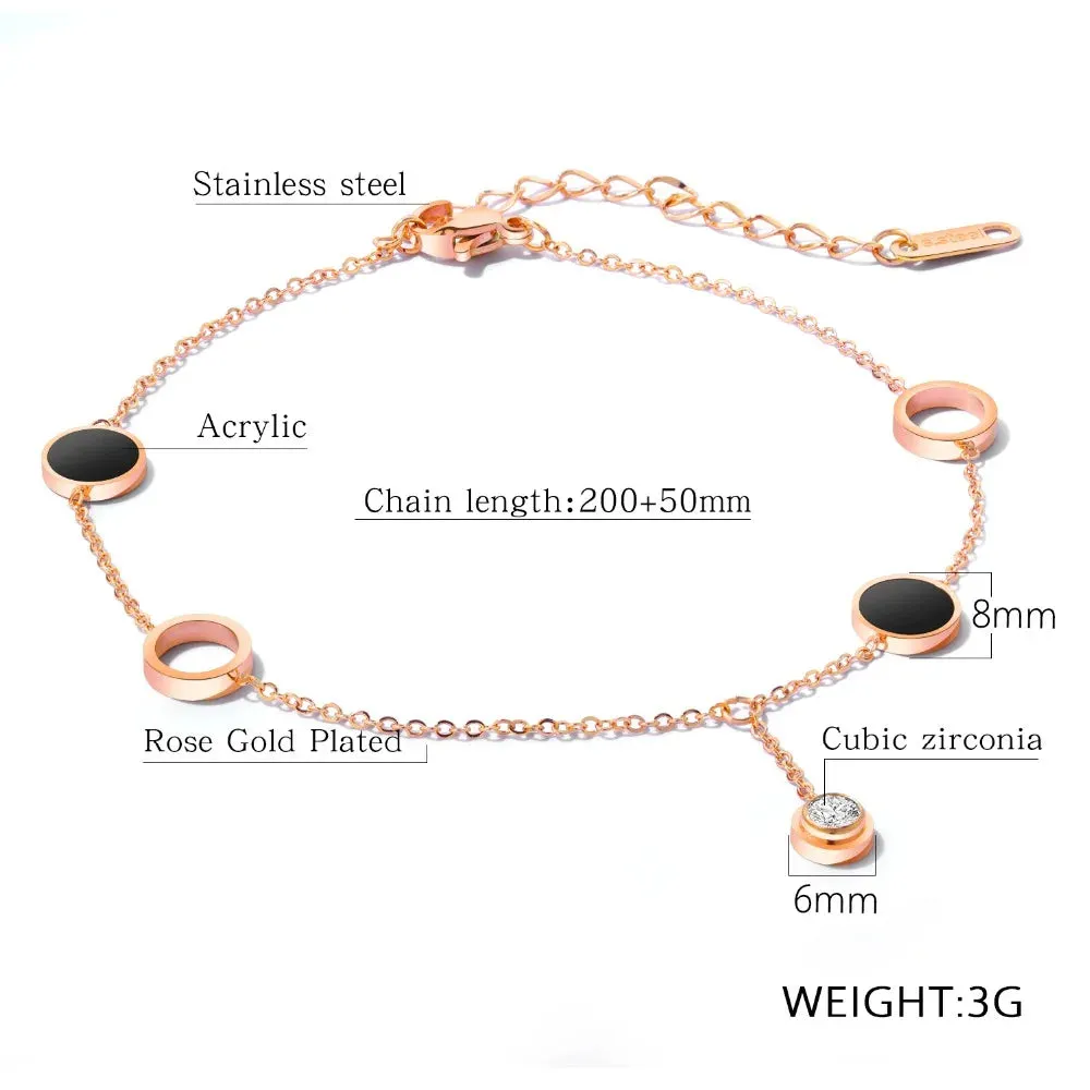 Stainless Steel Rose Gold Plated Beaded Chain Round Charm Leg Anklets For Women