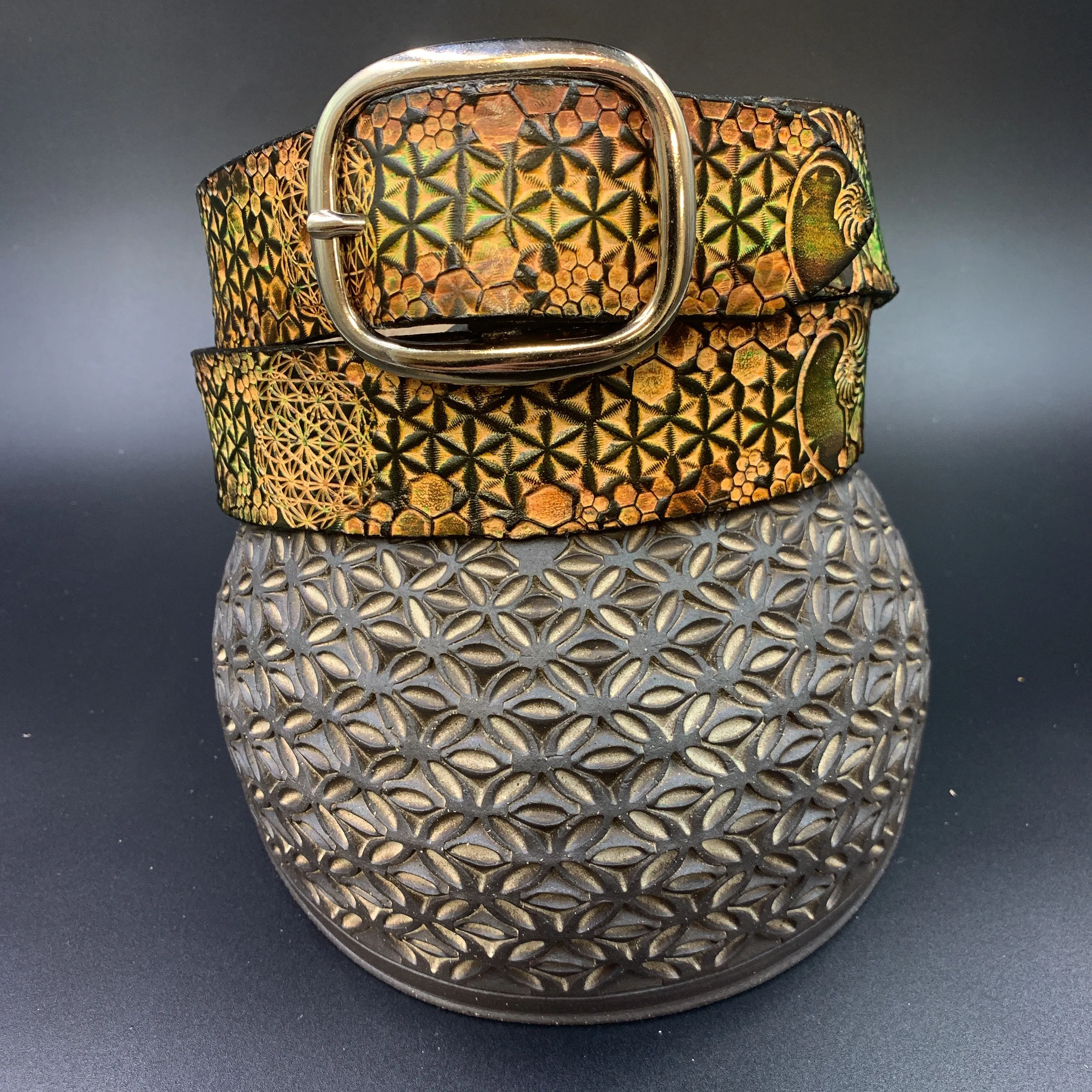Stamped Leather Belt - Flower of Life Small
