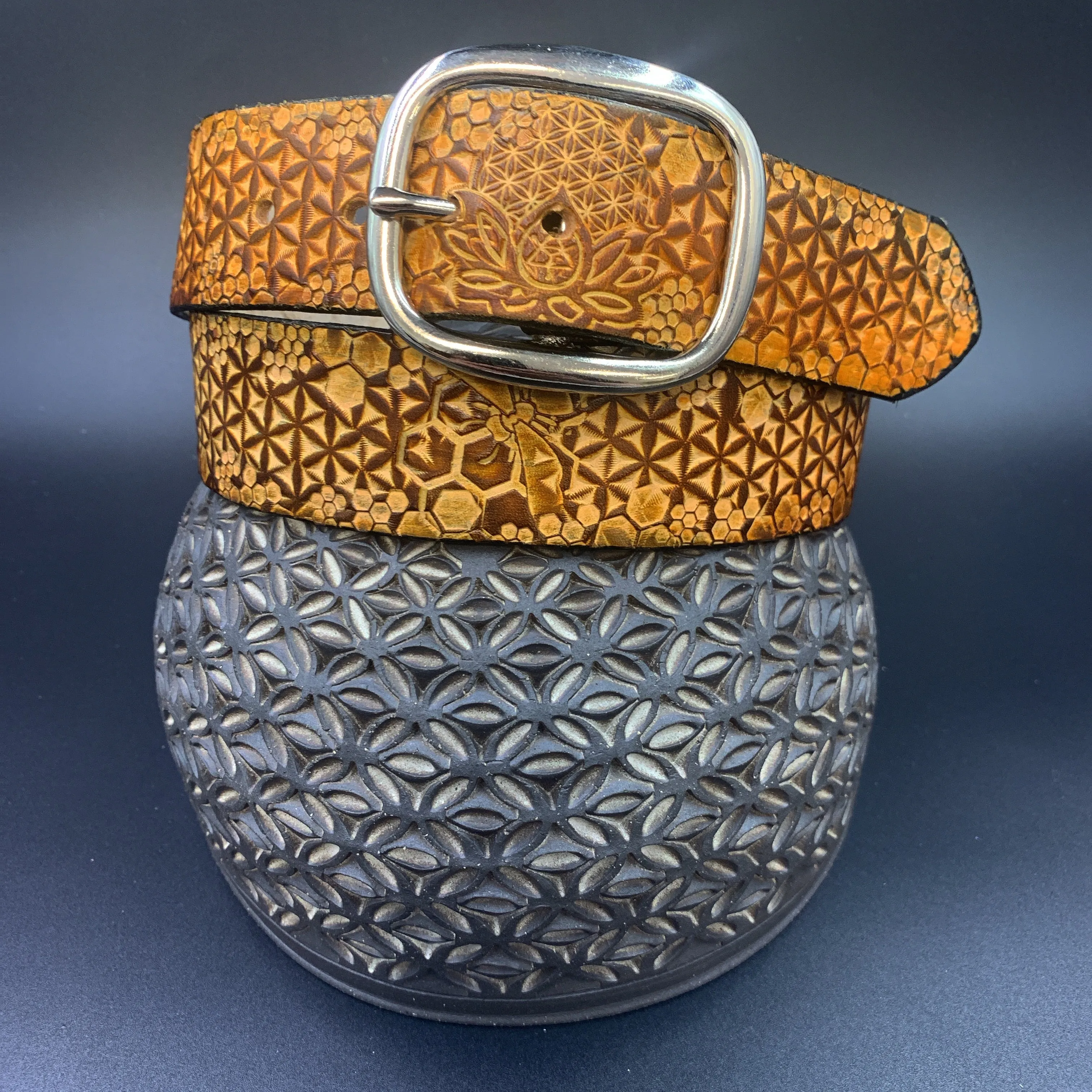 Stamped Leather Belt - Flower of Life Small