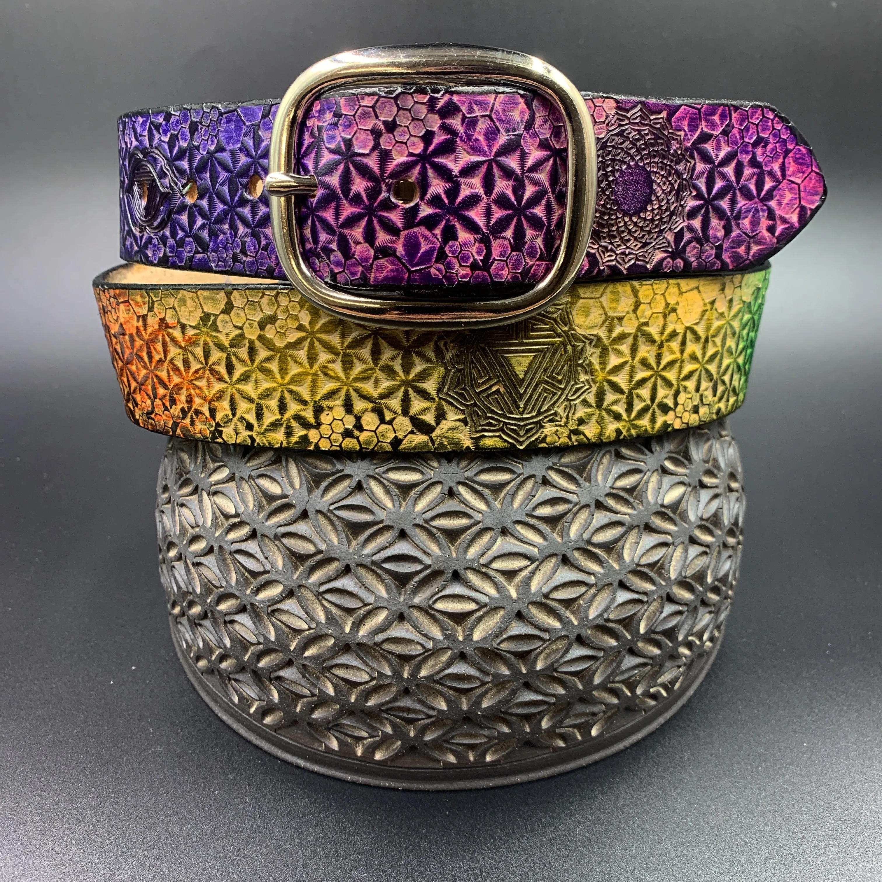 Stamped Leather Belt - Flower of Life Small