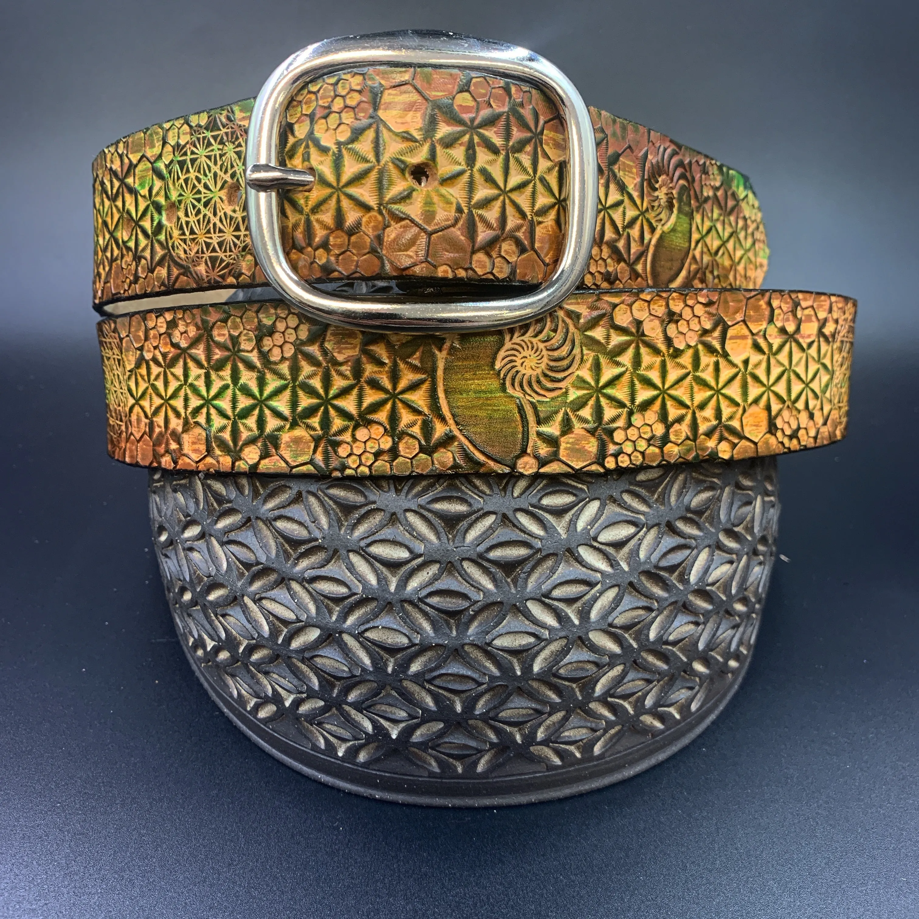 Stamped Leather Belt - Flower of Life Small
