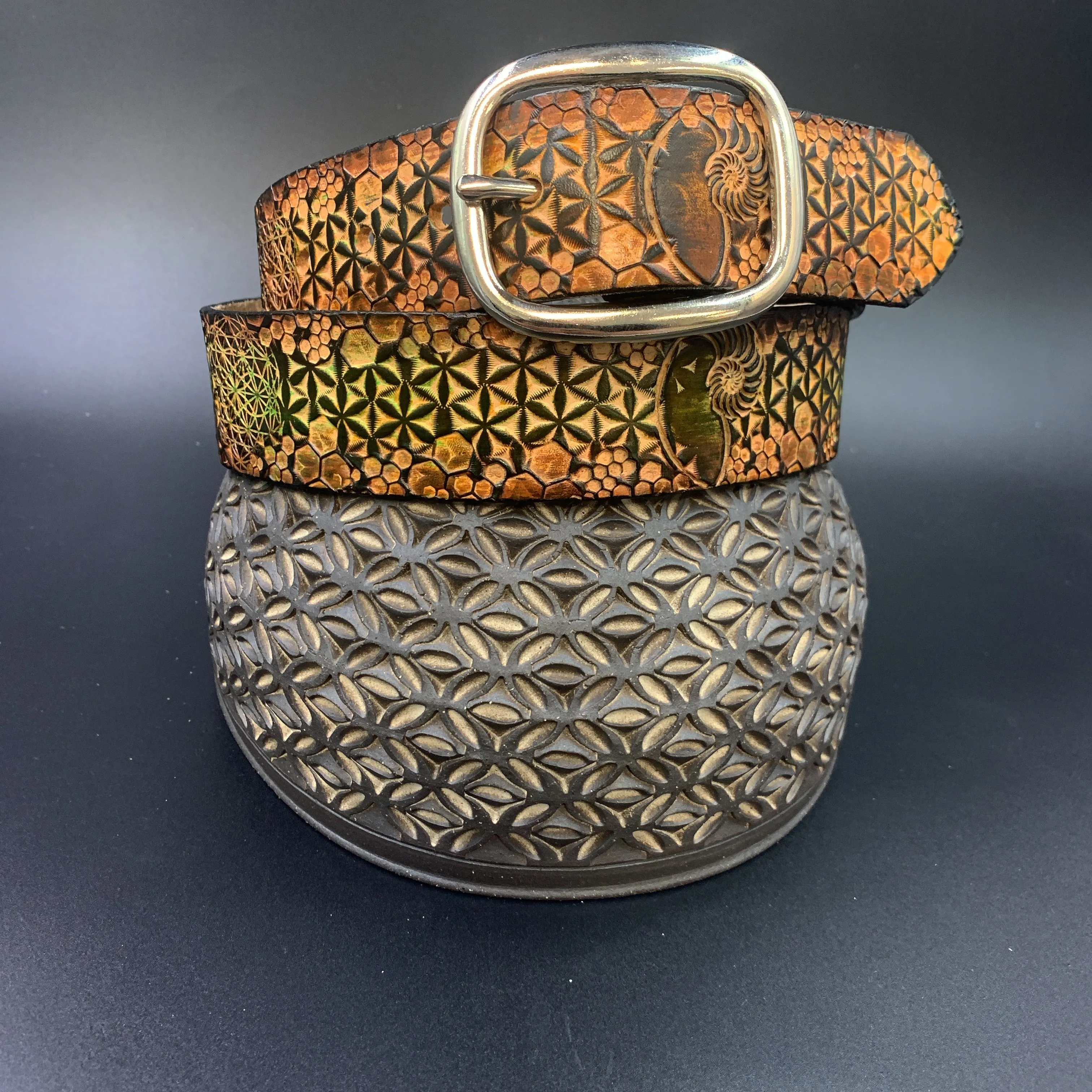 Stamped Leather Belt - Flower of Life Small