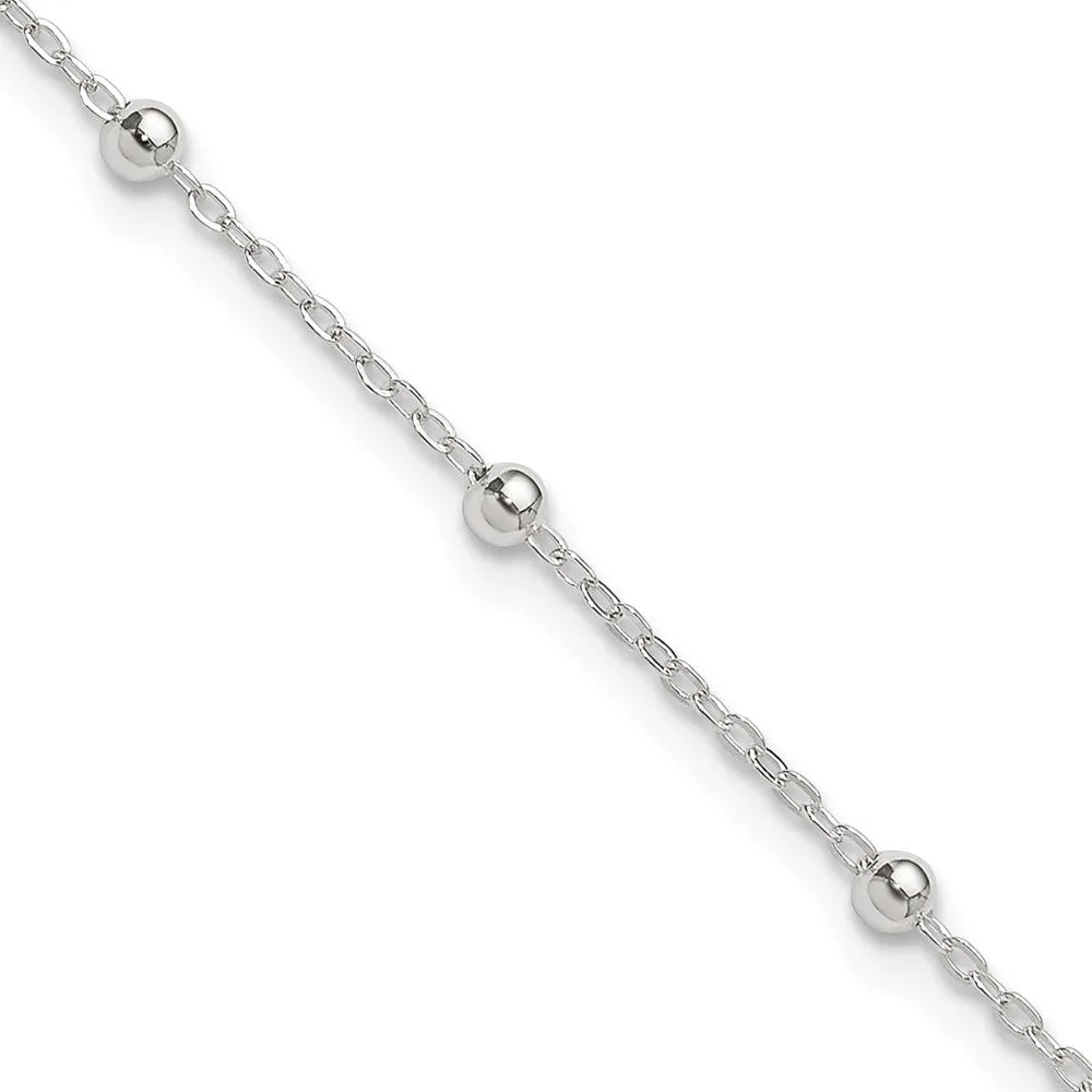 Sterling Silver 1mm Beaded Chain 9in Plus 1in ext. Anklet