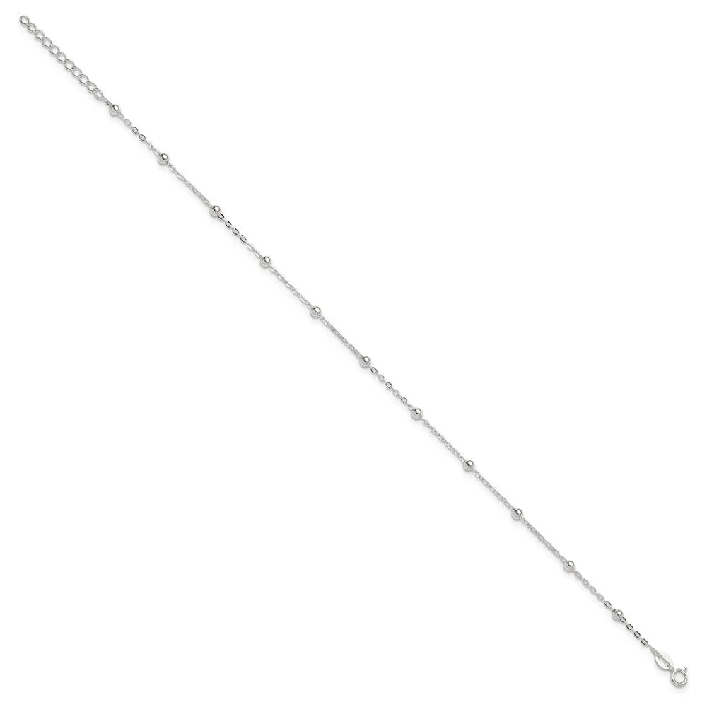 Sterling Silver 1mm Beaded Chain 9in Plus 1in ext. Anklet