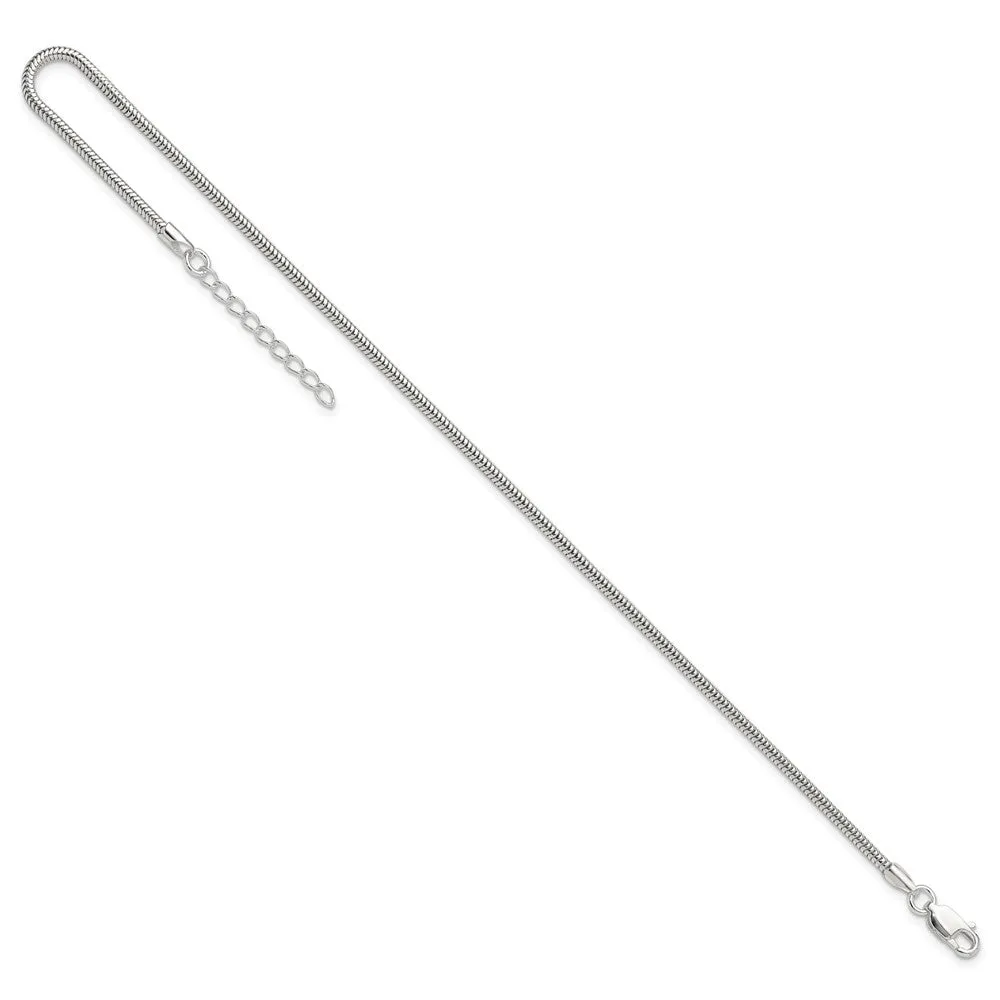 Sterling Silver 2mm Snake Chain 9in Plus 1in ext. Anklet