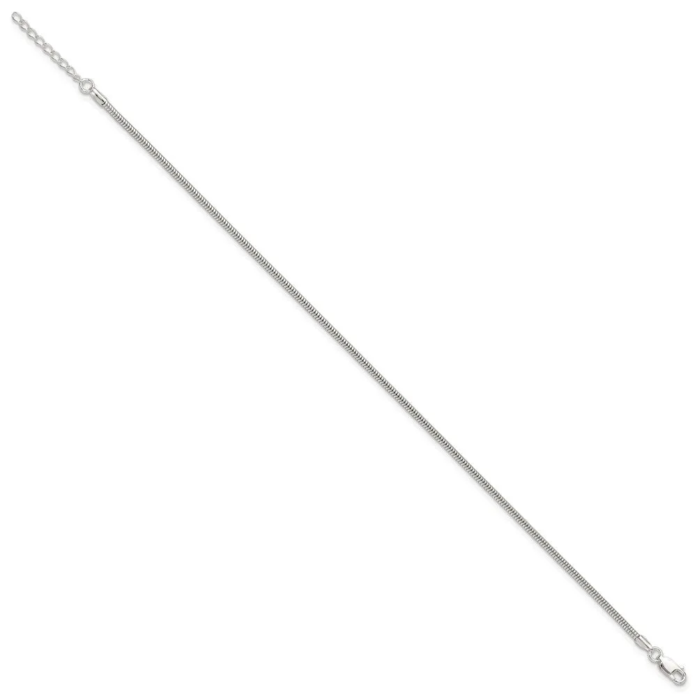Sterling Silver 2mm Snake Chain 9in Plus 1in ext. Anklet