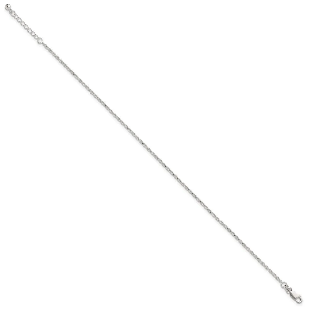 Sterling Silver Adjustable Diamond-Cut Rope 9in Plus 1in ext. Anklet