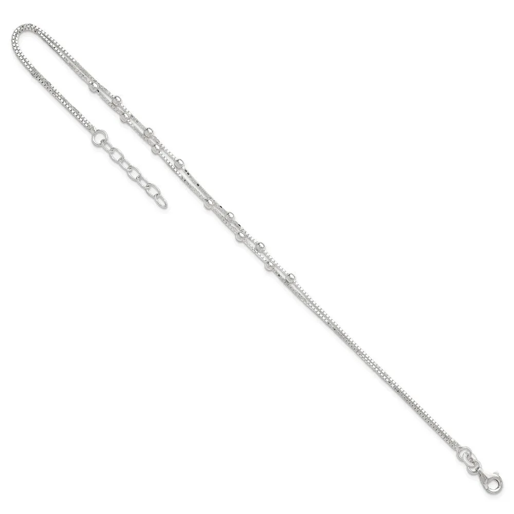 Sterling Silver Polished Beaded 2-strand 9 inch Plus 1 inch ext. Anklet