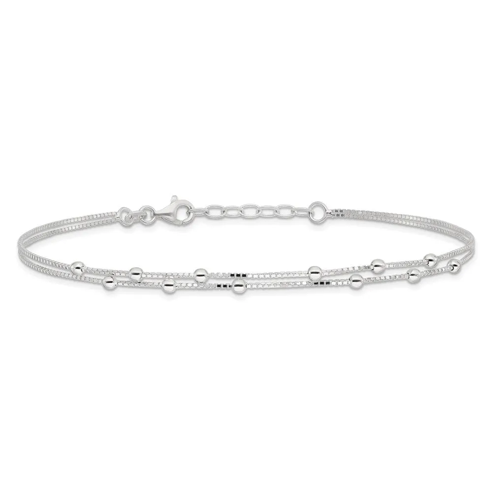 Sterling Silver Polished Beaded 2-strand 9 inch Plus 1 inch ext. Anklet