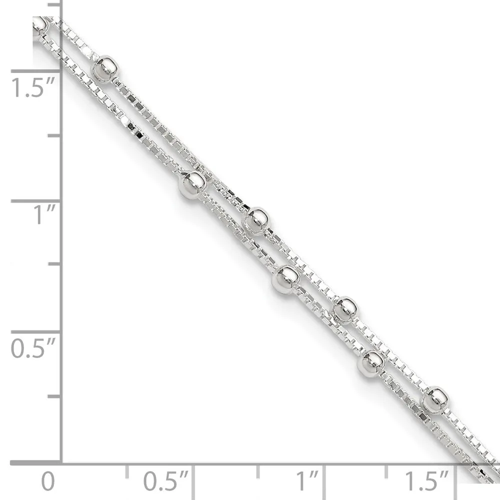 Sterling Silver Polished Beaded 2-strand 9 inch Plus 1 inch ext. Anklet